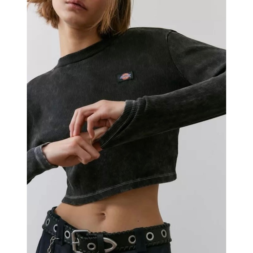 Dickies Womens Ribbed Acid Wash Cropped Long Sleeve Top Charcoal Grey Small